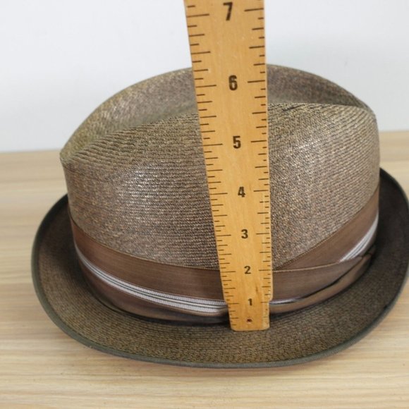VINTAGE KNOX Hat Adult 7 1/4 Brown Panama Straw Trilby Jazz Cuban Summer 90s - Picture 9 of 16